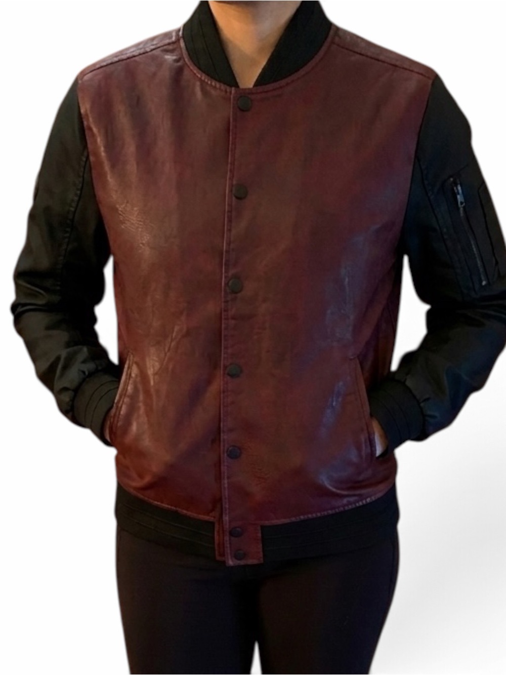 Fried Denim Men’s Burgundy Faux Leather Bomber Jacket With Black Sleeves Size L